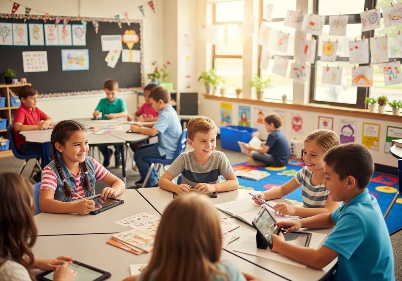 A diverse group of K-12 students learning together in a bright classroom