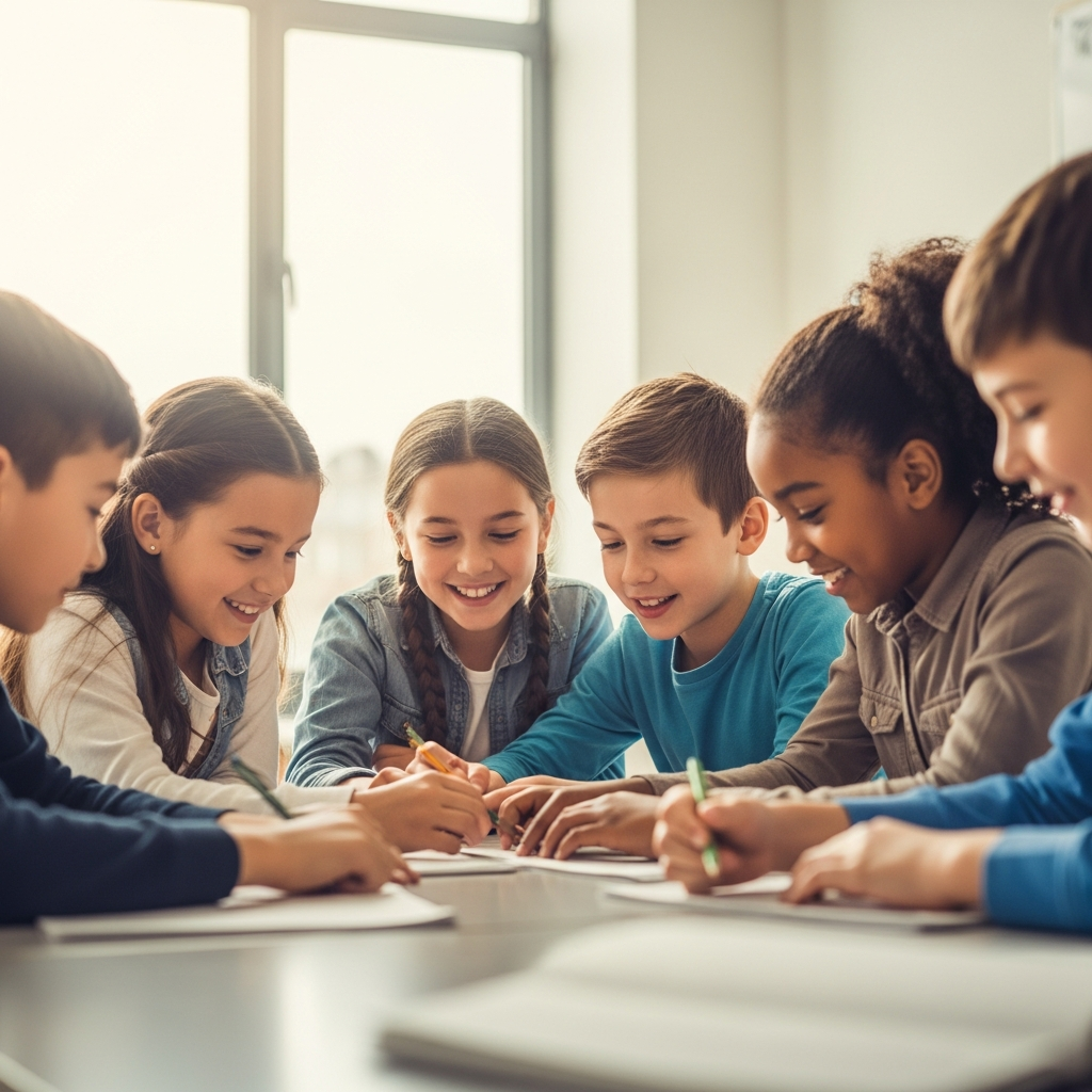 Diverse students collaborating together at a table